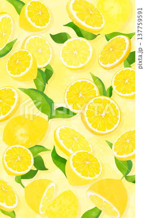 葉付きレモンの散らばる背景2_縦 葉付きレモンの散らばる背景2_縦 137759591