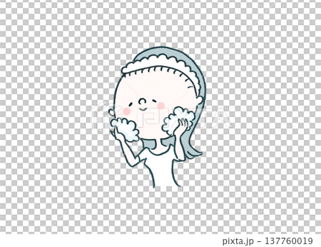 插圖描繪了一位女士使用大量泡沫進行無摩擦面部清潔（護膚）。 137760019
