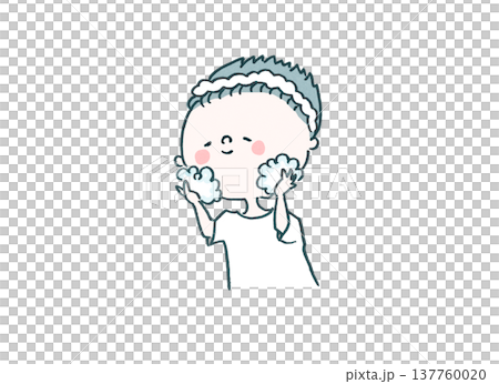 插圖展示了一位男士使用大量泡沫進行無摩擦潔面（男士護理） 137760020