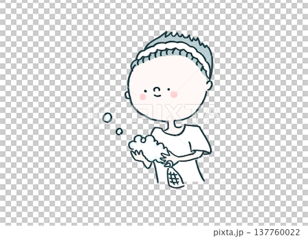 洗顔ネットで洗顔料をたっぷりと泡立てる男性のイラスト(メンズ美容) 洗顔ネットで洗顔料をたっぷりと泡立てる男性のイラスト(メンズ美容) 137760022