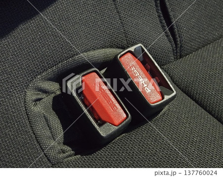 車の後部座席に並んだ2つのシートベルトバックル 137760024