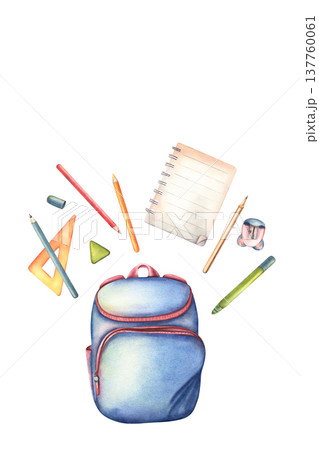 Blue backpack, pencils, ruler, eraser, felt-tip pen, notebook, sharpener. Hand-painted watercolor illustration isolated on white for back to school branding, education materials, posters, planners Blue backpack, pencils, ruler, eraser, felt-tip pen, notebook, sharpener. Hand-painted watercolor illustration isolated on white for back to school branding, education materials, posters, planners 137760061