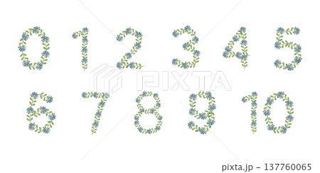 Watercolor numbers set made of blue flowers, hand-painted illustration isolated on white background. Perfect for birthdays, anniversaries, baby milestones, invitations, greeting cards, festive designs 137760065