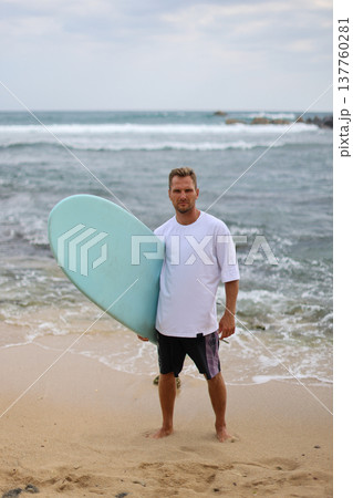 Man With Surfing Gear By Ocean. Individual Standing With Surfboard At Sandy Shoreline Background Man With Surfing Gear By Ocean. Individual Standing With Surfboard At Sandy Shoreline Background 137760281