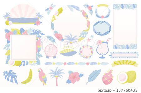 フラットでかわいい夏のトロピカルフレームや背景素材_葉っぱや花、海、ハイビスカス等 137760435