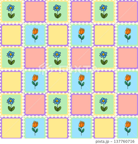 Bright floral postage stamp seamless pattern with tulips Bright floral postage stamp seamless pattern with tulips 137760716
