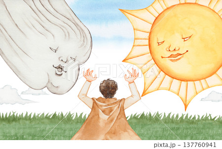 イソップ寓話 ver2　北風と太陽　水彩 イラスト 137760941
