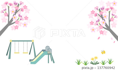 桜の木と公園遊具の春フレーム背景イラスト素材 137760942