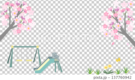 桜の木と公園遊具の春フレーム背景イラスト素材 137760942