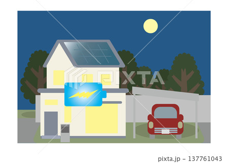 太陽光パネルで蓄電した電力で夜の電力を賄っている家のイラスト 137761043