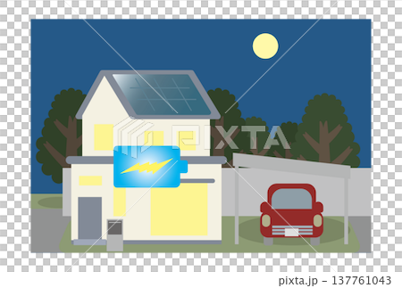 太陽光パネルで蓄電した電力で夜の電力を賄っている家のイラスト 137761043