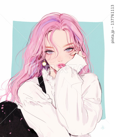 頬杖をつくピンク髪の女の子 137761113