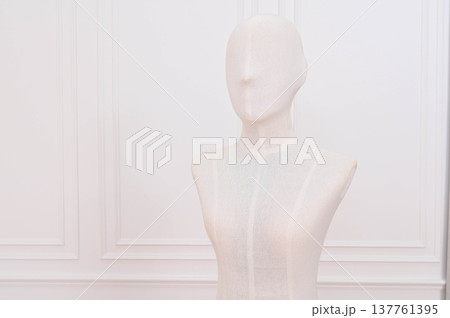 Anonymous white mannequin bust in minimal fashion boutique. elegant, faceless dummy form stands in clean studio room with classic molding for display or retail Anonymous white mannequin bust in minimal fashion boutique. elegant, faceless dummy form stands in clean studio room with classic molding for display or retail 137761395