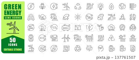 Green Energy Line Icon Set Featuring Modern Editable Stroke Symbols Of Renewable Power, Sustainability, Ecology, And Clean Technology. Perfect For Apps, Web, Infographics, Presentations, And Environme Green Energy Line Icon Set Featuring Modern Editable Stroke Symbols Of Renewable Power, Sustainability, Ecology, And Clean Technology. Perfect For Apps, Web, Infographics, Presentations, And Environme 137761507