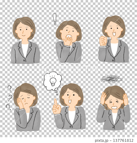 A set of 6 photos of a female office worker in a suit, showing various expressions. A set of 6 photos of a female office worker in a suit, showing various expressions. 137761812