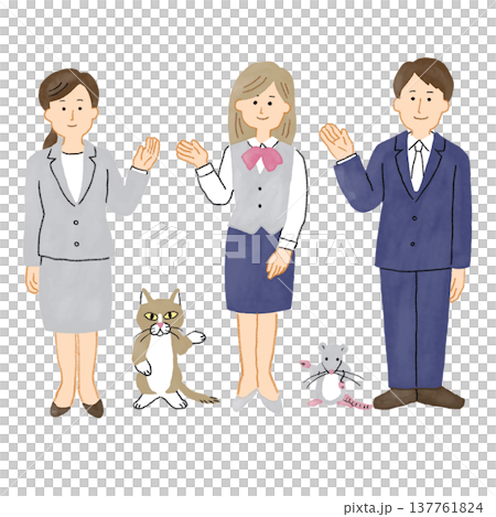 A set of 5 illustrations showing a woman and a man in uniform giving directions. A set of 5 illustrations showing a woman and a man in uniform giving directions. 137761824