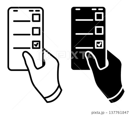 Linear icon. Citizen makes a choice and votes by voting on website using a smartphone. Simple black and white vector symbol isolated on white background Linear icon. Citizen makes a choice and votes by voting on website using a smartphone. Simple black and white vector symbol isolated on white background 137761847