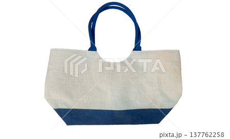 A bag made from linen fabric. The handles are blue, while the body of the bag is cream and blue. On isolated white background with clipping path. 137762258