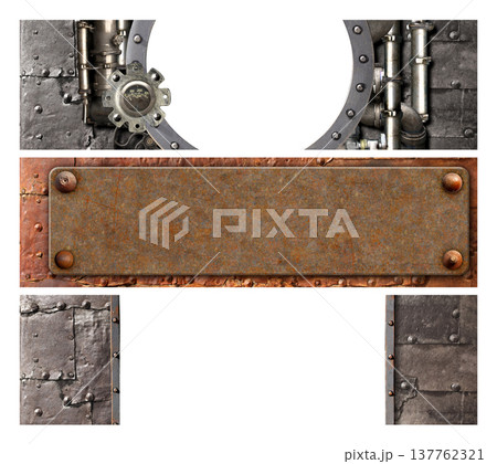 Set of steampunk backdrop with old metallic plank, pipes, rivet, cogwel, gear. Collection of horizontal banner with metal plate on rusty metal surface. Can be used for steampunk, retro, vintage design 137762321