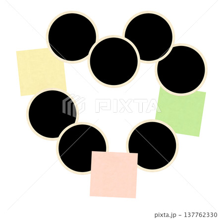 Template collage with round frame photos and stick notes on cork board. Moodboard pictures album grid for scrapbooking. Vintage style mood board layout. Isolated on white. Copy space for text Template collage with round frame photos and stick notes on cork board. Moodboard pictures album grid for scrapbooking. Vintage style mood board layout. Isolated on white. Copy space for text 137762330