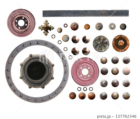 Vintage nail and rivet collection. Set of retro steel screw-nuts,  rusty rivets hardware, old screw, nail head, metal plate and bolt for industrial and steampunk design. Isolated on white background 137762346