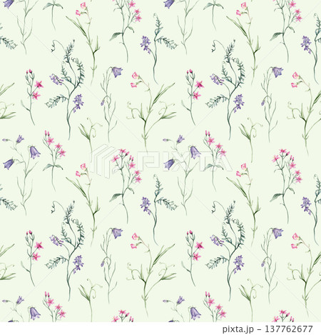 Watercolor seamless pattern white background - illustration with green leaves, pink blue purple buds and branches. Wildfield herbs flowers. Wedding invites, fashion, prints, backgrounds. Wildflowers 137762677