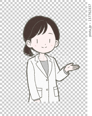 Hand-drawn illustration of a female medical professional in a white coat giving instructions 137762837