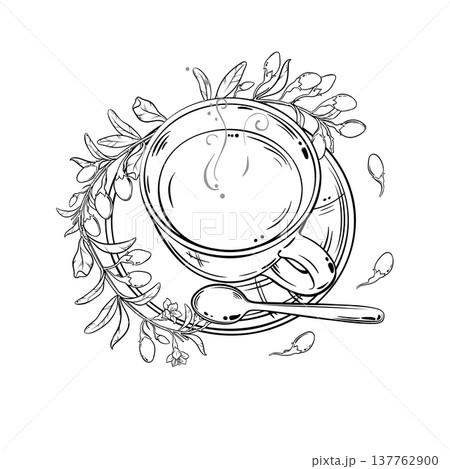 Cup of Goji Tea Outline Illustration. 137762900