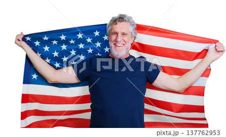 Senior man smiling, proudly holding American flag, transparent background 137762953