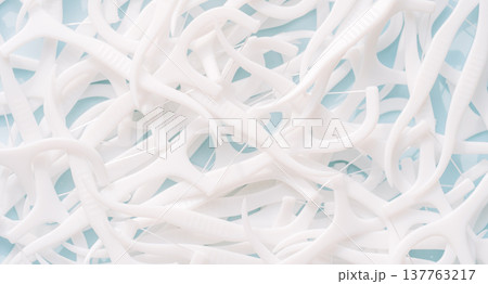 Close up pile of white dental floss picks, oral hygiene plastic tools texture background 137763217