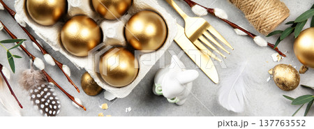 Luxury Easter Composition with Golden Eggs and Spring Decor Luxury Easter Composition with Golden Eggs and Spring Decor 137763552