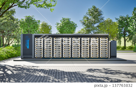 Energy storage system or battery container unit see through under blue sky Energy storage system or battery container unit see through under blue sky 137763832