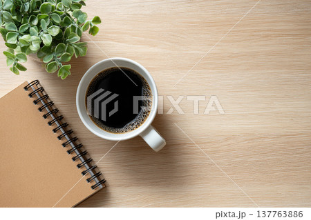 コーヒーカップと手帳と観葉植物のあるナチュラルなワークスペースの俯瞰写真 137763886