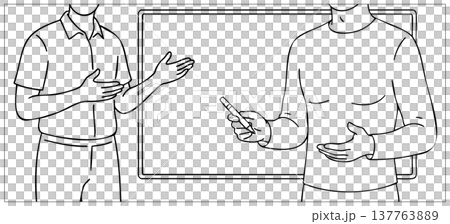 Teacher explaining lesson on classroom board while student holds marker during discussion 137763889