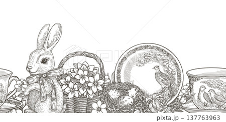 Easter seamless border with cute bunny and vintage dishware. Hand drawn vector design of flower basket and egg nest. Graphic line art print ideal for card template. Perfect for spring holiday season. Easter seamless border with cute bunny and vintage dishware. Hand drawn vector design of flower basket and egg nest. Graphic line art print ideal for card template. Perfect for spring holiday season. 137763963