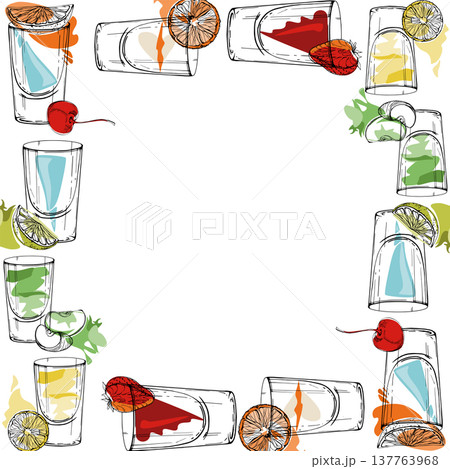 Vector frame of colorful shot glasses hand drawn in ink with bold accents, strawberry and cherry berries, citrus and apple slices garnish. For party invites, nightlife menus, bar branding, packaging. Vector frame of colorful shot glasses hand drawn in ink with bold accents, strawberry and cherry berries, citrus and apple slices garnish. For party invites, nightlife menus, bar branding, packaging. 137763968