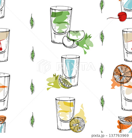 Shot glasses, summer drinks with mint leaf stripes, fruit and citrus garnish. Bright cocktail repeat in playful tones. Hand drawn seamless vector for recipe backgrounds, craft kits, bar menu wrapping Shot glasses, summer drinks with mint leaf stripes, fruit and citrus garnish. Bright cocktail repeat in playful tones. Hand drawn seamless vector for recipe backgrounds, craft kits, bar menu wrapping 137763969