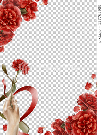 Template for poster of Portuguese revolution of carnations,symbols red flower upward raised hand with ribbons colored national flag of Portugal.Hand drawn watercolor illustration Template for poster of Portuguese revolution of carnations,symbols red flower upward raised hand with ribbons colored national flag of Portugal.Hand drawn watercolor illustration 137763989