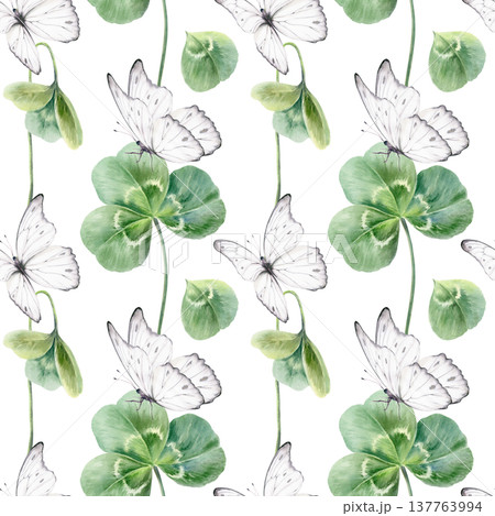 Seamless pattern of three leaf clovers,scattered petal,white butterflies,celebrating St. Patricks Day,Irish heritage.Soft watercolor with fresh greens for festive branding,event decor,cultural designs 137763994