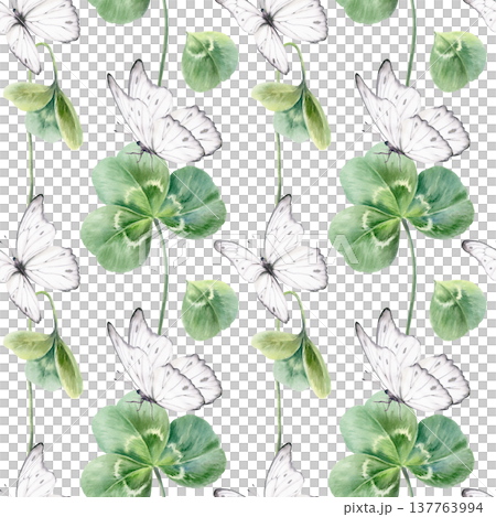Seamless pattern of three leaf clovers,scattered petal,white butterflies,celebrating St. Patricks Day,Irish heritage.Soft watercolor with fresh greens for festive branding,event decor,cultural designs 137763994