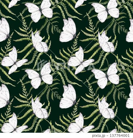 Delicate fern leaves in seamless pattern,echoing enchanted forests,Celtic heritage,white butterfly,untouched nature.Soft watercolor for eco branding,ancestral storytelling,mythical woodland themes Delicate fern leaves in seamless pattern,echoing enchanted forests,Celtic heritage,white butterfly,untouched nature.Soft watercolor for eco branding,ancestral storytelling,mythical woodland themes 137764001