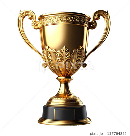A sparkling 3D gold trophy is isolated against a white background. A sparkling 3D gold trophy is isolated against a white background. 137764233