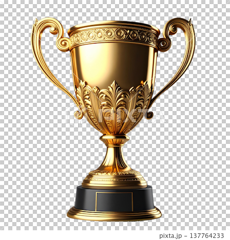 A sparkling 3D gold trophy is isolated against a white background. A sparkling 3D gold trophy is isolated against a white background. 137764233