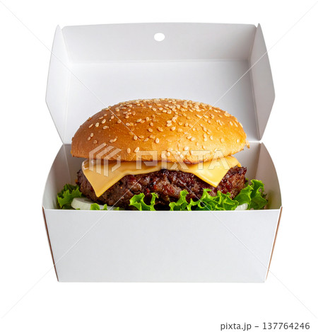 A delicious cheeseburger with juicy beef, fresh lettuce, and tomato on a sesame bun, placed against a white background. 137764246