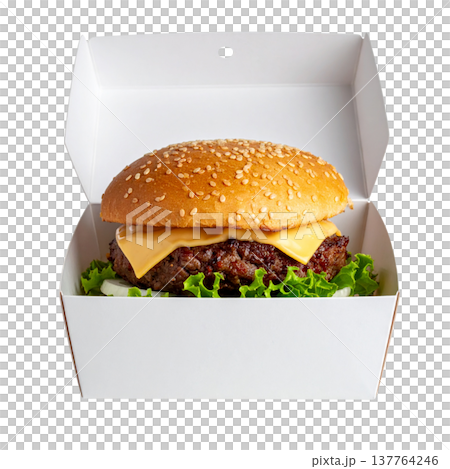 A delicious cheeseburger with juicy beef, fresh lettuce, and tomato on a sesame bun, placed against a white background. 137764246