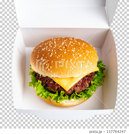 A delicious cheeseburger with juicy beef, fresh lettuce, and tomato on a sesame bun, placed against a white background. A delicious cheeseburger with juicy beef, fresh lettuce, and tomato on a sesame bun, placed against a white background. 137764247