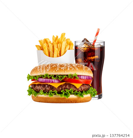 A delicious cheeseburger with juicy beef, fresh lettuce, and tomato on a sesame bun, placed against a white background. A delicious cheeseburger with juicy beef, fresh lettuce, and tomato on a sesame bun, placed against a white background. 137764254