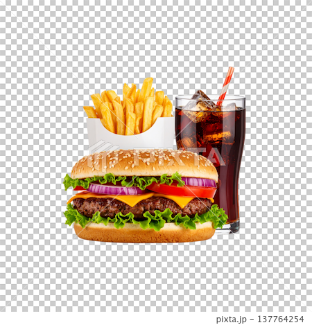 A delicious cheeseburger with juicy beef, fresh lettuce, and tomato on a sesame bun, placed against a white background. A delicious cheeseburger with juicy beef, fresh lettuce, and tomato on a sesame bun, placed against a white background. 137764254