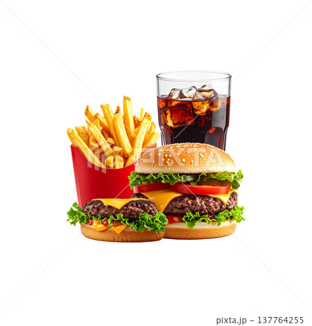 A delicious cheeseburger with juicy beef, fresh lettuce, and tomato on a sesame bun, placed against a white background. 137764255