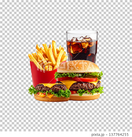 A delicious cheeseburger with juicy beef, fresh lettuce, and tomato on a sesame bun, placed against a white background. 137764255